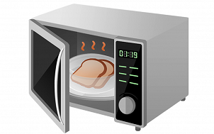 grafika przedstawiająca kuchenkę mikrofalową z otworzonymi drzwiczkami, w środku talerz z dwiema kromkami chleba tostowego, nad nimi unosząca się para, na wyświetlaczu kuchenki seledynowy odczyt zegara elektronicznego wraz z podświetlonymi przyciskami